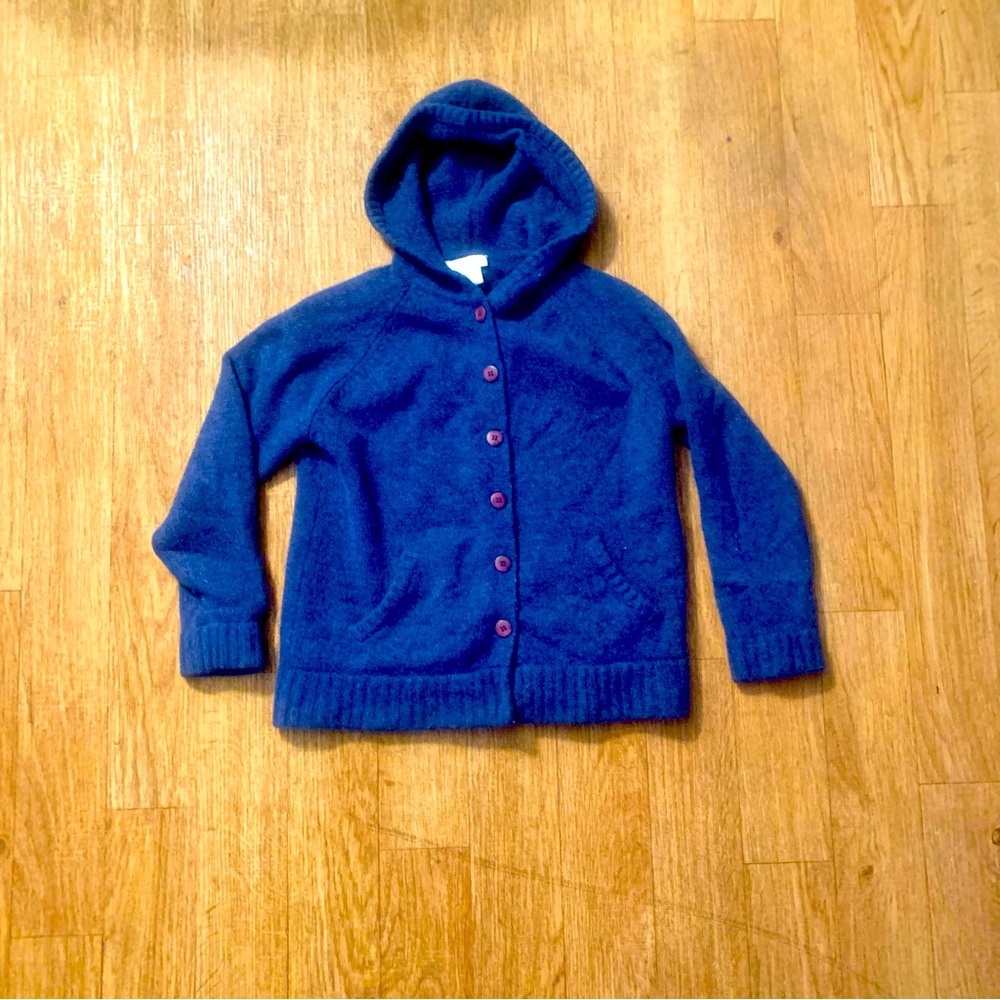 Talbots Womens Sweater S Blue 100% Lambswool Cardigan Button Up Hoodie Pockets